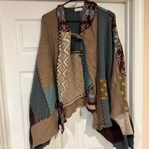 Patchwork Hooded Knit Poncho Shrug - Multicolor